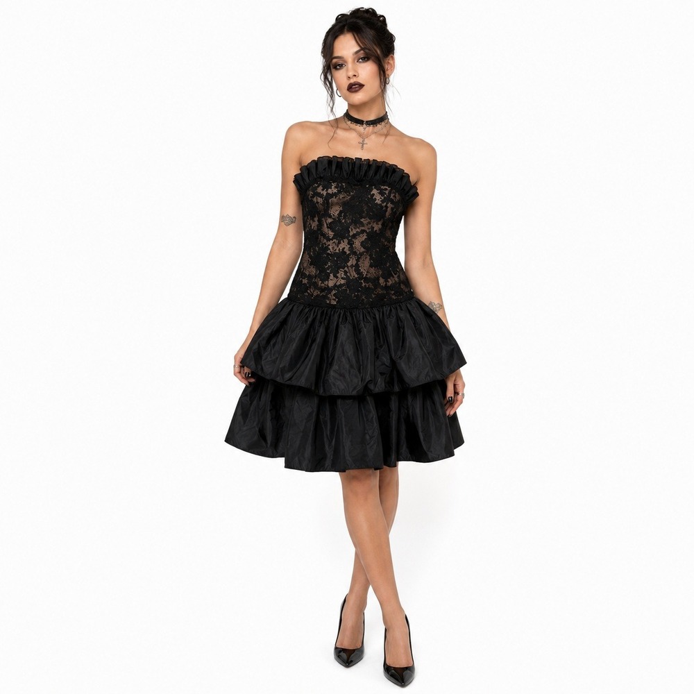 VTG Victor Costa Floral Lace Tiered Bubble Skirt Dress Black Victorian Size 6